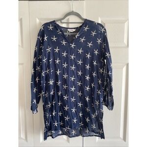 Lexi York Starfish Print Tunic‎ Womens Size M Navy Blue Cotton Beach Coverup L/S
